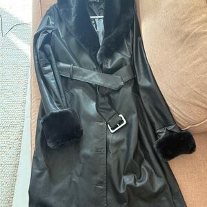 Lioness Brooklyn Faux Leather Trench Coat with Faux Fur Trim - Black